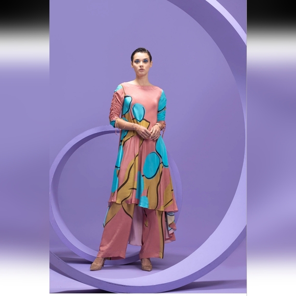 Nautanky Pink Abstract Print Tunic With Pants Set - Picture 2 of 16